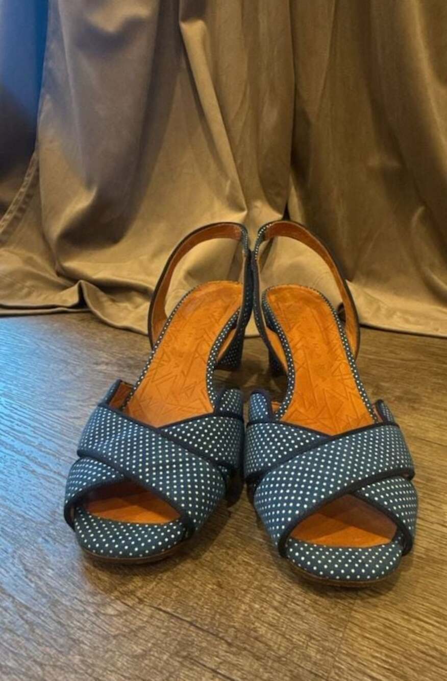 Chie Mihara Blue and White Polka Dot Slingback Heeled Sandals - Sz 40